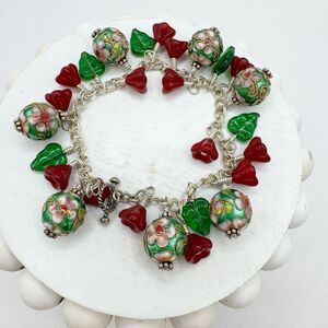 Sterling Silver Red Green Cloisonne Glass Bead Flower Charm Bracelet Christmas